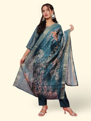 Women's Silk Kurta-Pant, and Dupatta Set-Nile Blue / L