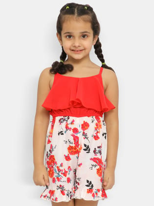 Nautinati Girls Floral Printed Shoulder Straps Ruffles Playsuit Jumpsuit-4Y