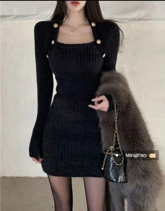 Black Wool Knitted Dress-Black / M
