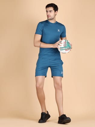 Mens Running Solid Lycra SS Round Neck T-Shirts & Shorts Combo Set-Sky Blue / M