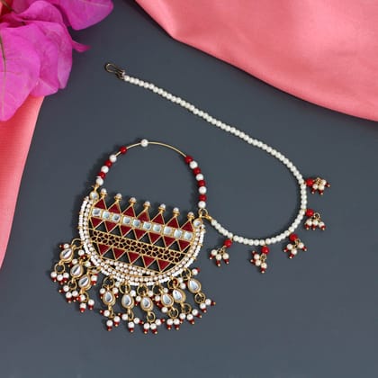 Maroon Color Kundan & Beads Nose Nath (NTH306MRN)-Length: 21.00 CM x Width: 0.30 CM / Green / Alloy With Good Quality Gold Plated