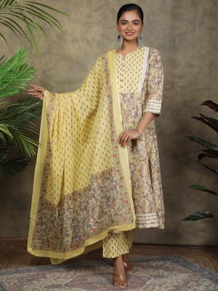 Light Yellow Floral Print Anarkali Set-40