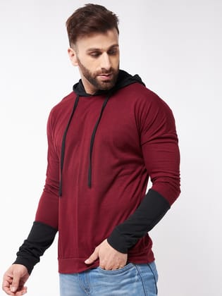 Gritstones Men Maroon and Black Color Hooded Colorblock Oversize Drop Shoulder Cotton T-Shirt