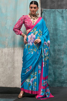 Enthralling Firozi Digital Printed Crape Silk Saree With Allure Blouse Piece