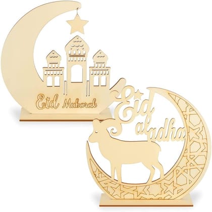 Cliths 2 Sets Eid Mubarak Wooden Plaque Ornament Moon Star Pendant for Ramadan Mubarak Eid Decorations (Fresh Style)