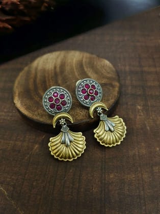 Dual-Tone Oxidized Silver Danglers with Floral Design | Sarichka-Red