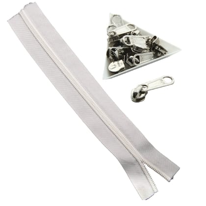 White Nylon Sewing Zippers (2 Meters) Size 1.38 Inch No:5 / 35 MM and 10 Pieces Steel Zip Pulls Runners Fasteners For Making Bags-Zipper 2 Meters + Pullers 10 Pieces