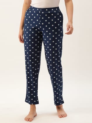 Women Navy Blue & White Printed Cotton Pyjamas-S