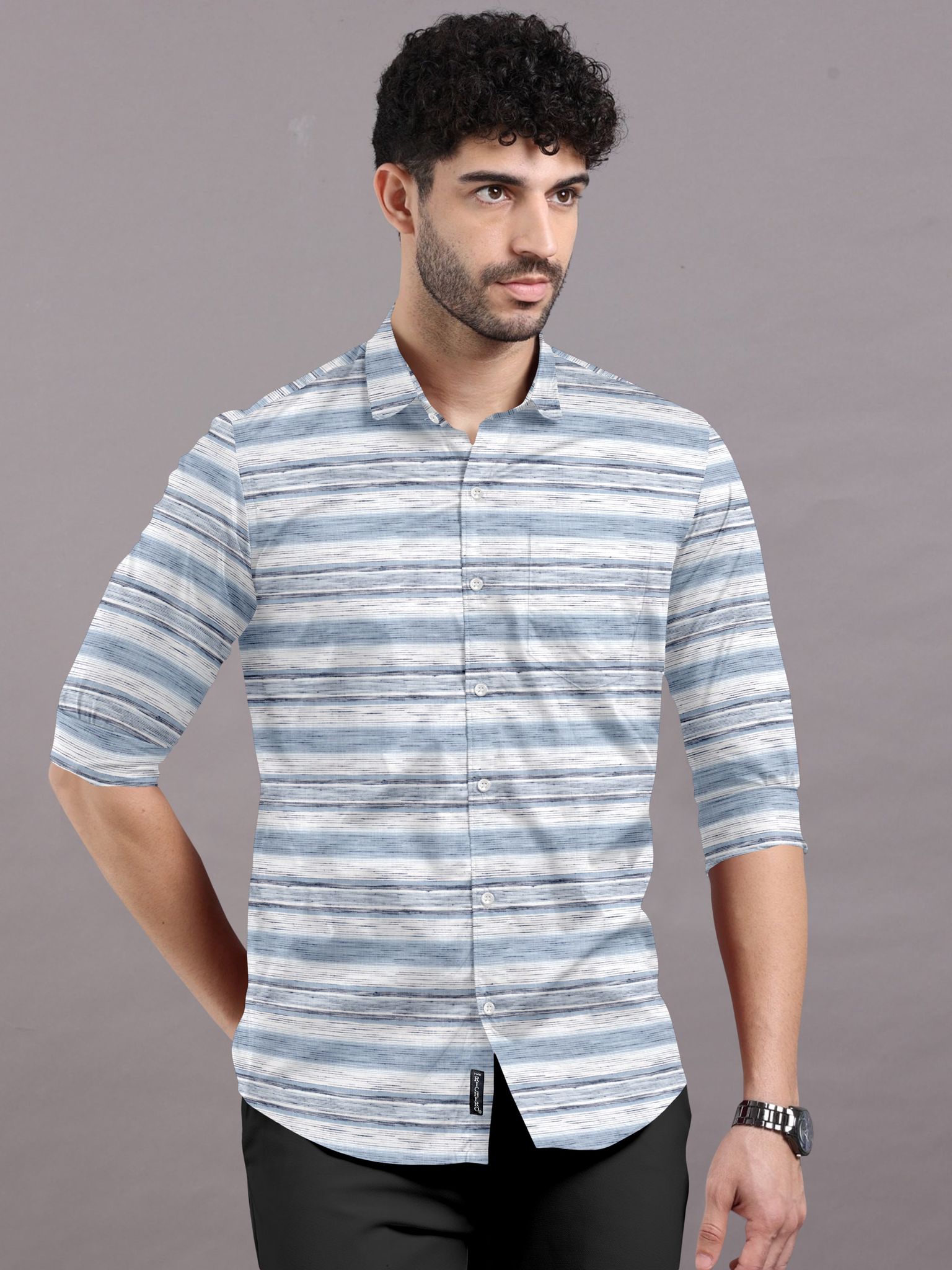 Pure cotton men's lining shirt in dusty blue & white for formal wear-39 - M