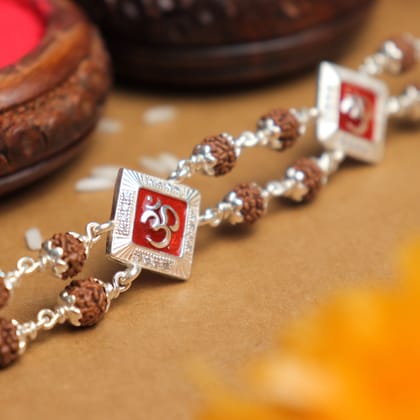 Silver Rakhi with Rudraksha and Two Om Symbols, Double Line Design