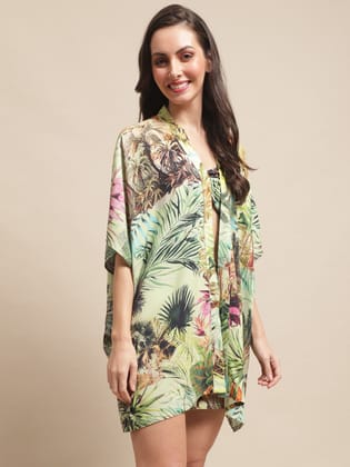 Green Color Tropical Printed Viscose Rayon 3 pcs Coverup Set Robe Beachwear For Woman-s