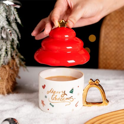 Christmas  Ceramic Mug with Bell Handle-White Mug With Red Lid