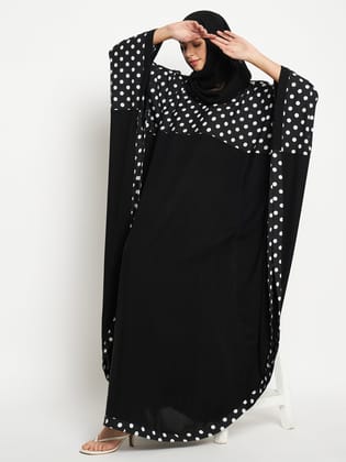 Nabia Black and White Polka Dot Printed Women Kaftan Abaya Burqa With Black Scarf-XS / 54