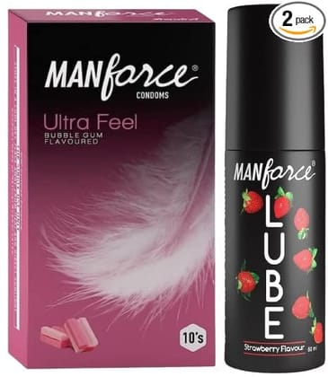Manforce Ultra Feel Bubblegum Flavoured Condoms – 10 Pieces AND Manforce Lube  Lubrication Gel for Men & Women  Water-Based Gel  Skin-Friendly  Safe to Use with Condoms  Strawberry Flavoured  60ml