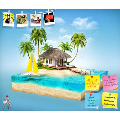 ArtzFolio Tropical Island Beach with Palms & Bungalow Printed Bulletin Board Notice Pin Board Soft Board | Frameless-Frameless Pin Board / 14.1inch x 12inch (35.9cms x 30.5cms)