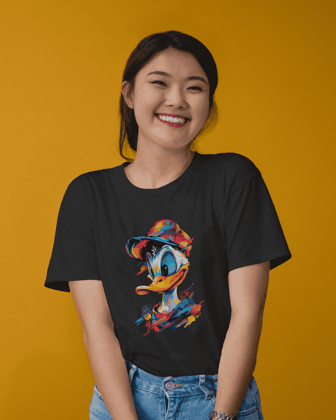 Colorful Donald Duck Holi special Cotton T-Shirt for Women-S / Black