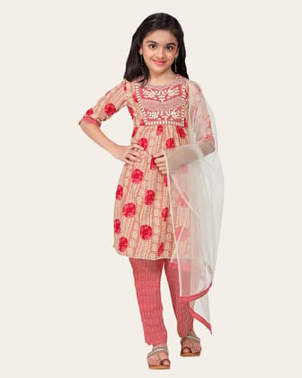 Kids Girls Embrodeary Cotton Printed Fullstiched Nayara Cut Kurtis with Bottom Dupatta set, Kid dresses-Peach / 4 - 5 Years