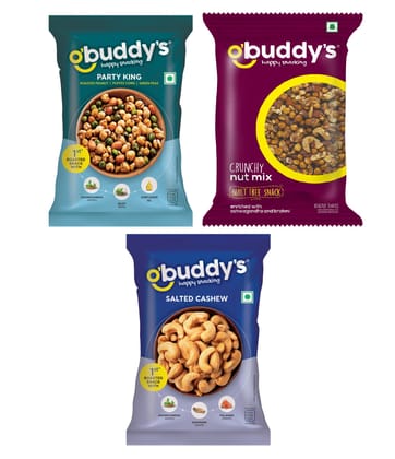 O'buddy's Party King 30 gm, Crunchy Nut Mix 20 gm & Salted Cashew 16 gm - Combo Pack of 15 (5 Packs of Each)