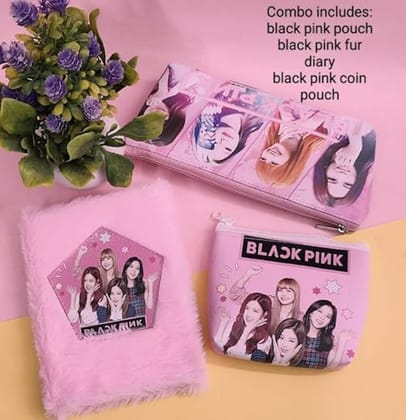 Black Pink Fur Diary Return Gifts For Girls (1 set 3 in 1 items) Black Pink Pencil Pouch For Girls, Small Coin Pouch For Kids School Stationary Items Birthday Return Gifts Diwali Gift Box