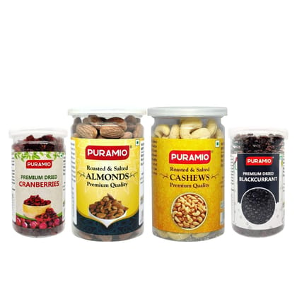 Puramio Gifting - Premium Dry Fruits Combo 100% Natural - (Dried Cranberries, Dried Blackcurrant, Roasted & Salted Almonds, 200 gm Each), Roasted & Salted Cashew, 150 gm