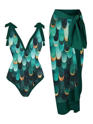 Printed Swimsuit & Skirt Swimsuit Set-Green / M