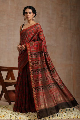 Tenaaro Ajrakh Hand Block Printed Chanderi With Maheshwari Border Saree (Red-2)