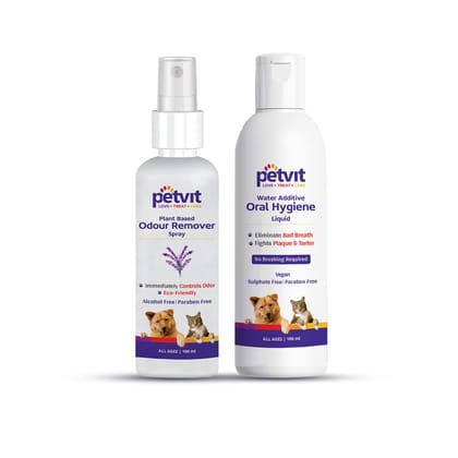 Petvit Dental Care Combo Odor Remover Spray  Oral Hygiene Liquid for Fresh Breath - 100ml Each-Petvit Dental Care Combo: Odor Remover Spray & Oral Hygiene Liquid for Fresh Breath - 100ml Each