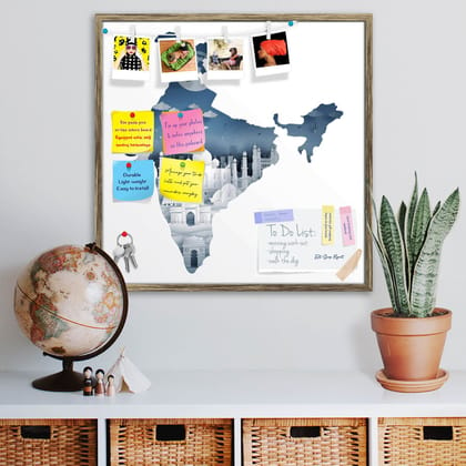 India Map with Famous Landmarks D2 Bulletin Board Notice Pin Board Soft Board | Framed-Antique Gold Frame / 12 x 12 inch (30 x 30 cms)