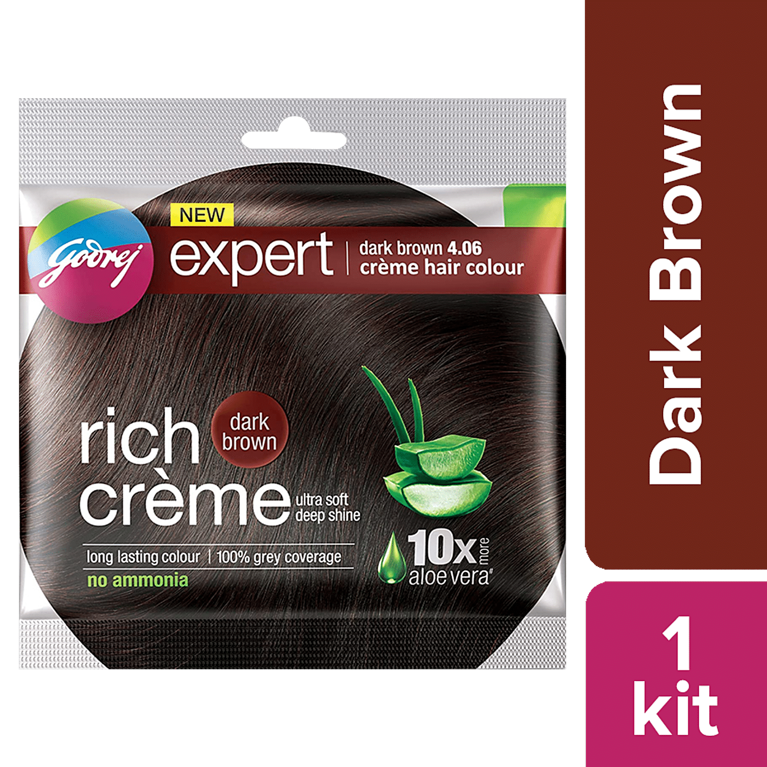 Godrej Expert Rich Creme Hair Colour - Single Use, Long Lasting, 100% Grey Coverage (20 G + 20 Ml), 1 Pc Shade 4.06 Dark Brown