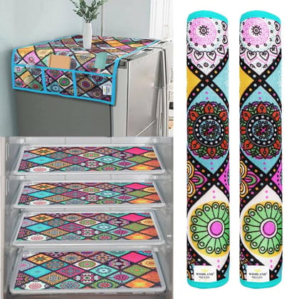 WISHLAND Double Door Fridge Cover Combo Set pf 1 Fridge Top Cover + 2 Fridge Handle Cover + 4 Multipurpose Fridge Mats (Multicolor)