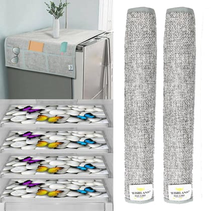 WISHLAND Single Door Fridge Cover Combo Set pf 1 Fridge Top Cover + 2 Fridge Handle Cover + 4 Multipurpose Fridge Mats (Grey)