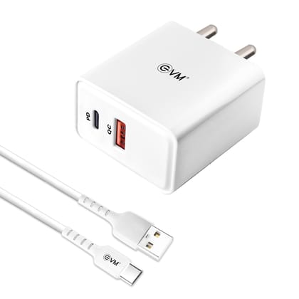 EVM EnSpeed+ CH-011 PD+QC3.0 Charger 36W Fast Charging, Dual Output (USB & Type C), USB to Type C Cable Included- White