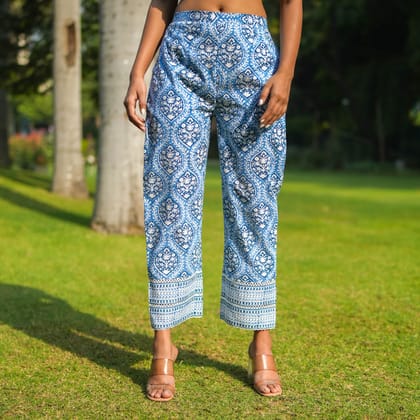 Blue Hand Block Printed Straight Pants.-XS / in