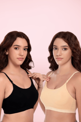 Wire Free Lightly Padded Sports Bra for Women - Everyday T- Shirt Super Comfortable Bra Pack of 2 (Beige , Black )-32