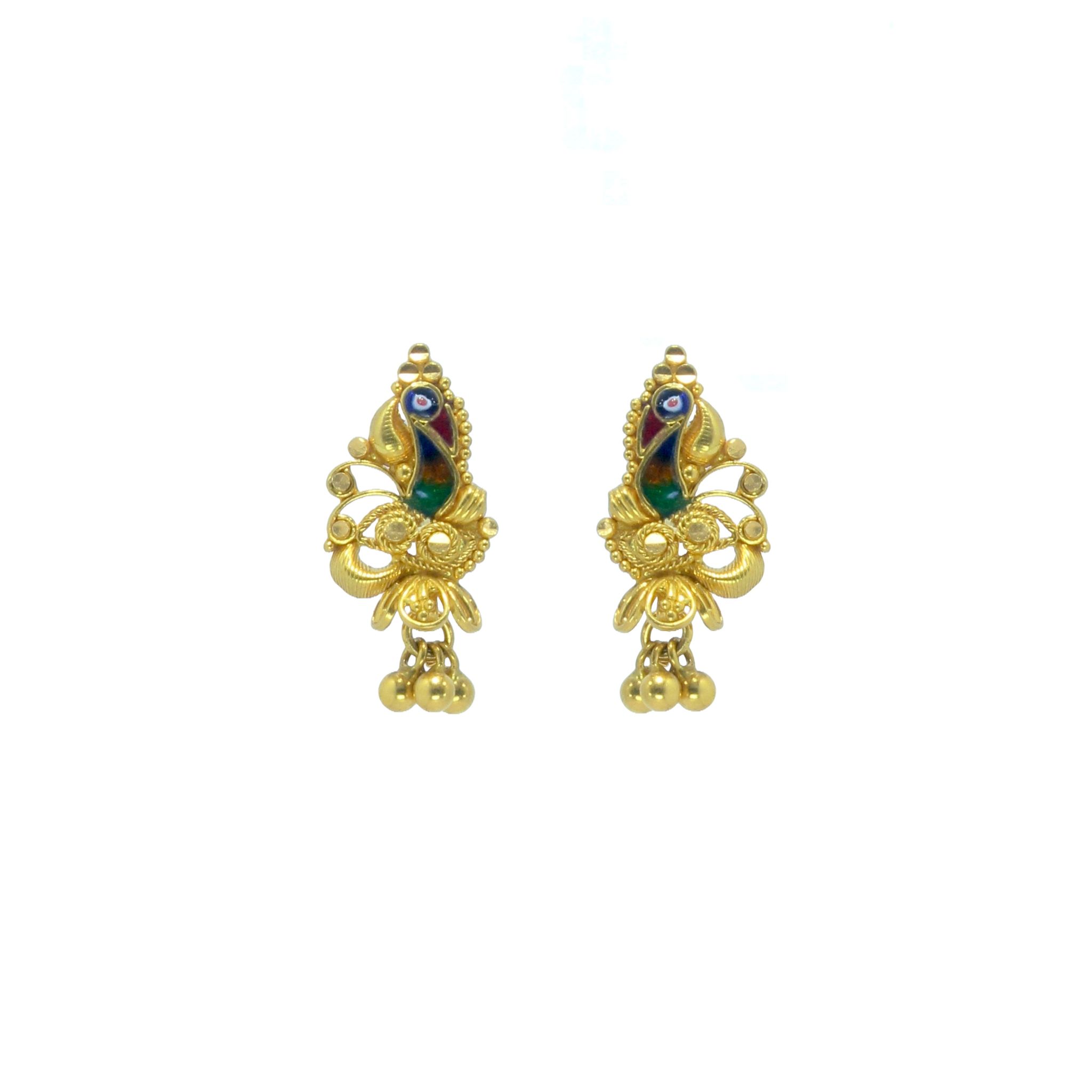 Golden Enamel Peacock Drop Earrings (3.08 grams) - 22KT BIS 916 Hallmark Yellow Gold