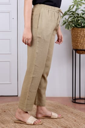 Khaki/Beige Hand Dyed Viscose Linen Women Drawsting Pant WPYJM04245-M