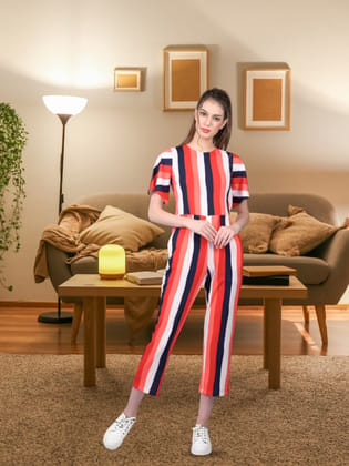 Party wear Stripe printed jumpsuit for Women Red &White Striped Jumpsuit (OTL-JMS1001)-Multicolor / S