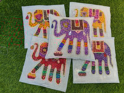 Khamma Ghani Shimmering Elephant Patchwork Cotton Cushion Covers-Set of 5