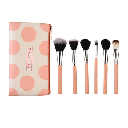 Prolixr Professional Face Makeup Brush Set with Pink Pouch - Foundation, Contour, Blush, Concealer - Vegan, Cruelty-Free - 6 Pieces-Prolixr Face Makeup Brush Set - Pink Pouch - Foundation, Contou