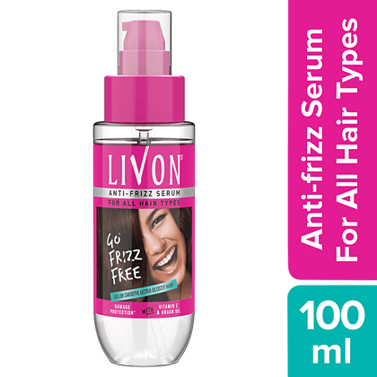 Livon Serum Anti-Frizz Serum - For All Hair Types, Damage Protection, With Vitamin E & Argan Oil, 100 Ml