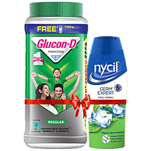 Glucon-D Instant Energy Health Drink - Regular, 1 kg (Get Nycil Cool Herbal 150 g Talc Free)