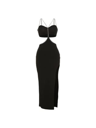 Rhinestone Suspenders Backless Hollow Out Slit Dress-S / Black