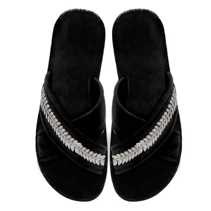 Women's Black Leaf Design Silver Zardosi Embroidery Cross Strap Slippers By Brune & Bareskin-36/3