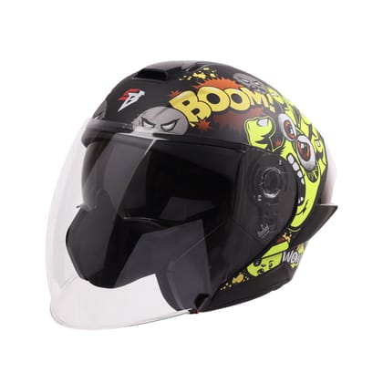 Steelbird SBA-10 Boom ISI and DOT Certified Open Face Graphic Helmet for Men and Women with Inner Smoke Sun Shield (Glossy Neon)-Large 600 MM