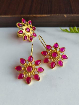 Gold Plated Flower Style with Stone Hook Earring and Adjustable Finger Ring Combo | Sarichka-Magenta