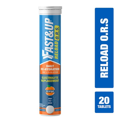 Fast  Up Reload ORS Electrolytes With Zinc  D-Glucose Effervescent Tablets - Fluid balance Hydration Drink 20 Orange Flavored-Fast & Up Reload ORS Electrolytes With Zinc & D-Glucose Effervescent 