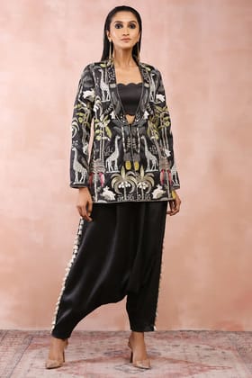 Black Embroidered Jacket With Bustier And Low Crotch Pant-XS / Black