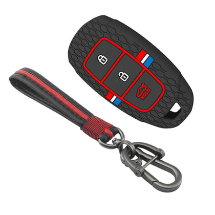 Keyzone striped silicone key cover & keychain for i20, Kona, Verna 3 button smart key (KZS-22, Full Leather Keychain)-Black