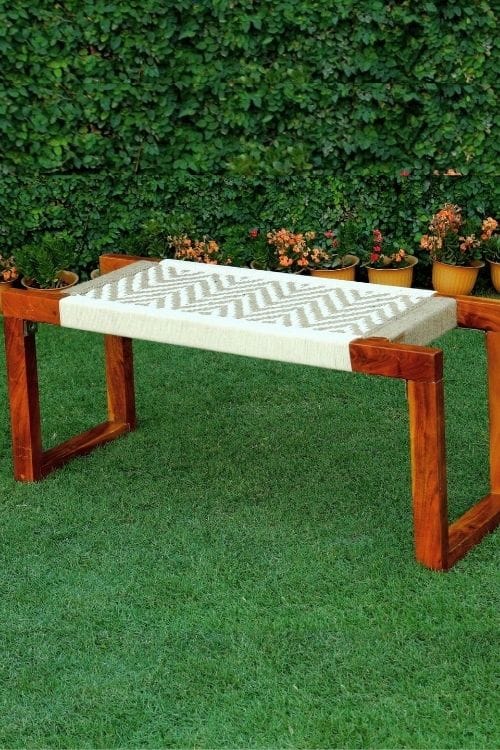 Sirohi Sona Cotton & Jute Wooden Bench-Detachable Modern Legs