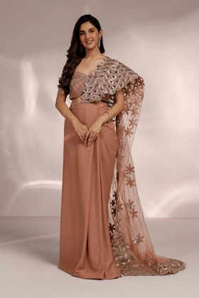 LIGHT PEACH DRAPE WITH BLOUSE AND CUTWORK DRAPED DUPATTA-XS